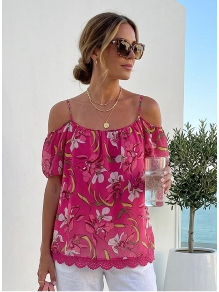 Kut From The Kloth Pink Floral Cold Shoulder Crochet Trim Top M